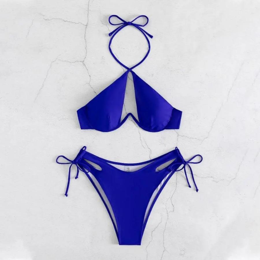 Dámske plavky Štýlové dámske letné bikiny s ohlávkovou podprsenkou Vysoký pás Šnurovacie nohavičky Rýchloschnúce plavky na pláž