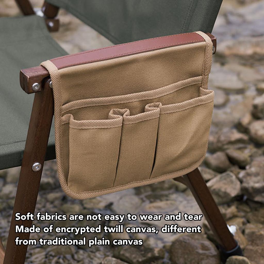 Chair Armrest Bag Large Capacity Waterproof Canvas Beach Chair Hanging Storage Pouch for Outdoor Camping Picnic Khaki