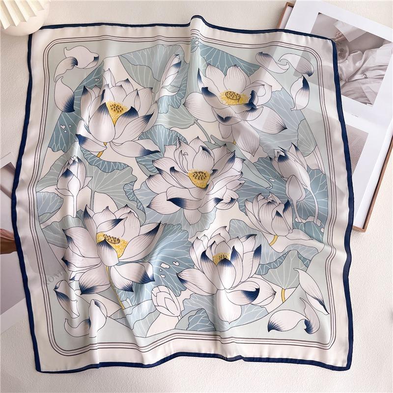 68Cm Lotus Pattern Square Scarf Women Simulated Silk Plant Print Versatile Headwear Clothing And Accessories Square Scarf