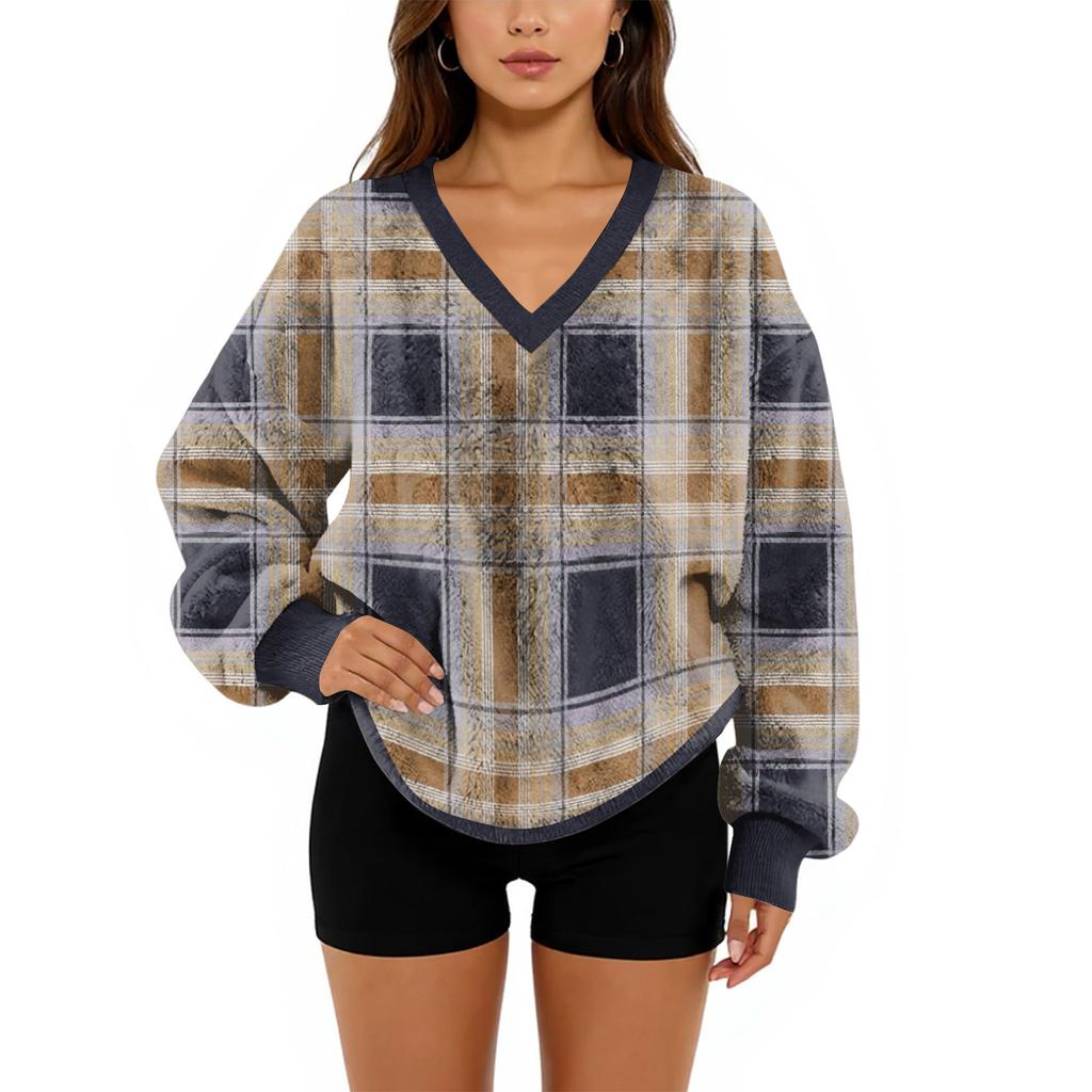 Women's V-Neck Sweatshirt Plush Solid Color Casual Fashion Long Sleeve With Pocketed Pullover Top