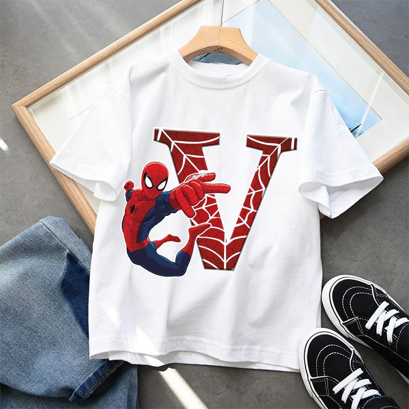2026  New Children's Spider Man Cartoon Letter Printed T-shirt Cotton T-shirt Boys' Short Sleeved Top Children's Clothing
