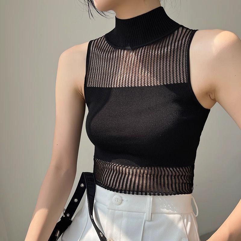 

Women s Slim-Fit Sleeveless Knit Vest, Hollow Design, Half-High Neck, 2025 Summer Outerwear. Medium чёрный