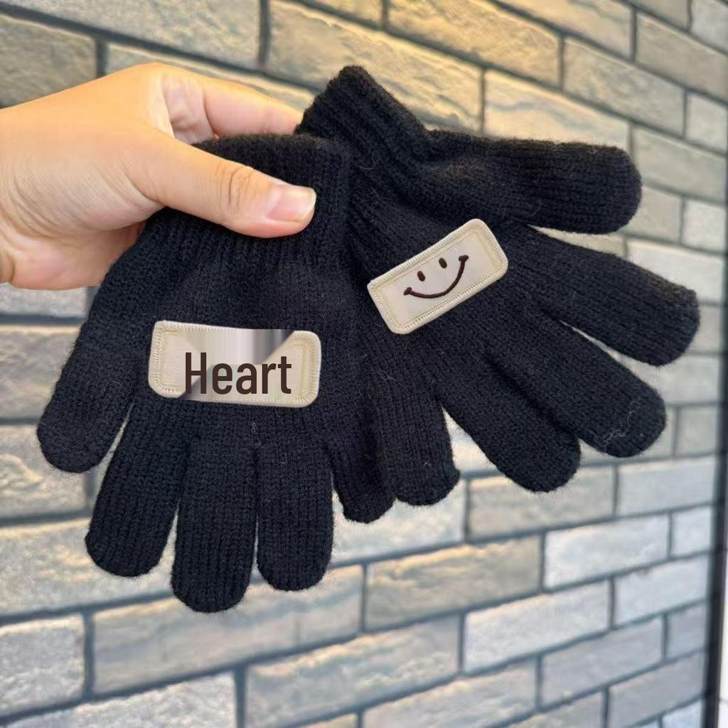 Korean Style Kids' Woolen Knit Five-Finger Gloves with Smiley Face for Autumn/Winter Warmth