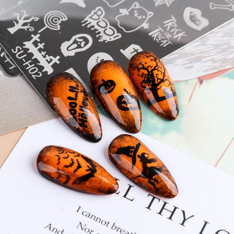 Halloween Nail Art Stamping Templates Kit 6 Pcs Nail Art for Image Plates Pumpkin Ghost Skull Bat Owl Spider Web Nail De