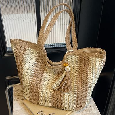 New Vertical Striped Straw Bag High Value Handbag Women's Shoulder Tote Bag Woven Bag Holiday Wind Beach Bag