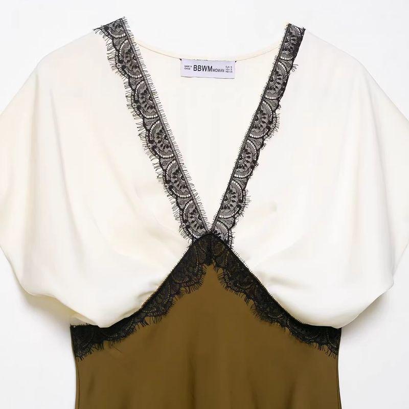 Araltay New Arrival Fashion Style Women's Clothing Fashion Color Contrast Lace Silk Satin Texture Midi Skirt Dress 1165177