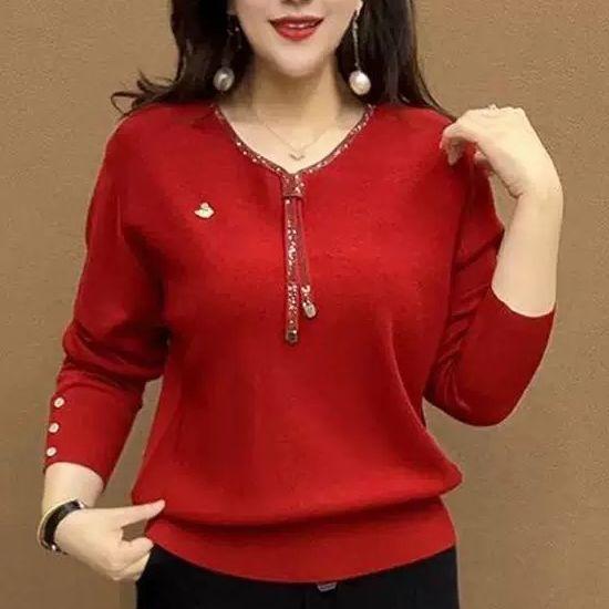 Spring and Autumn Women's V-Neck Knit Sweater Loose Rhinestone Knit Pullover Plus-Size Sweater