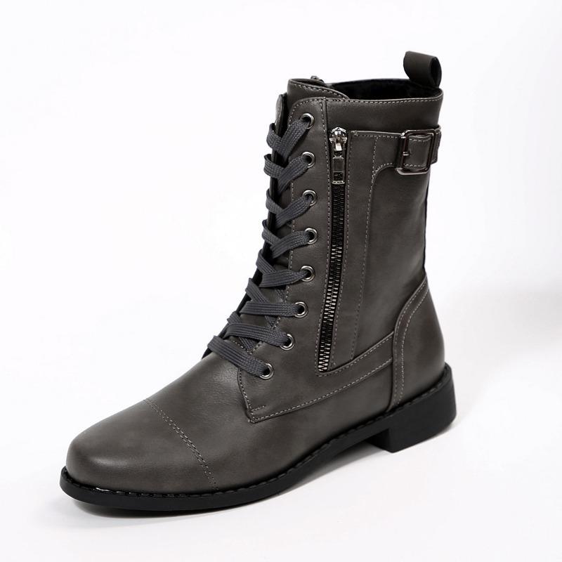Medium women's boots autumn and winter new round head fashion belt buckle solid color side zipper Martin boots