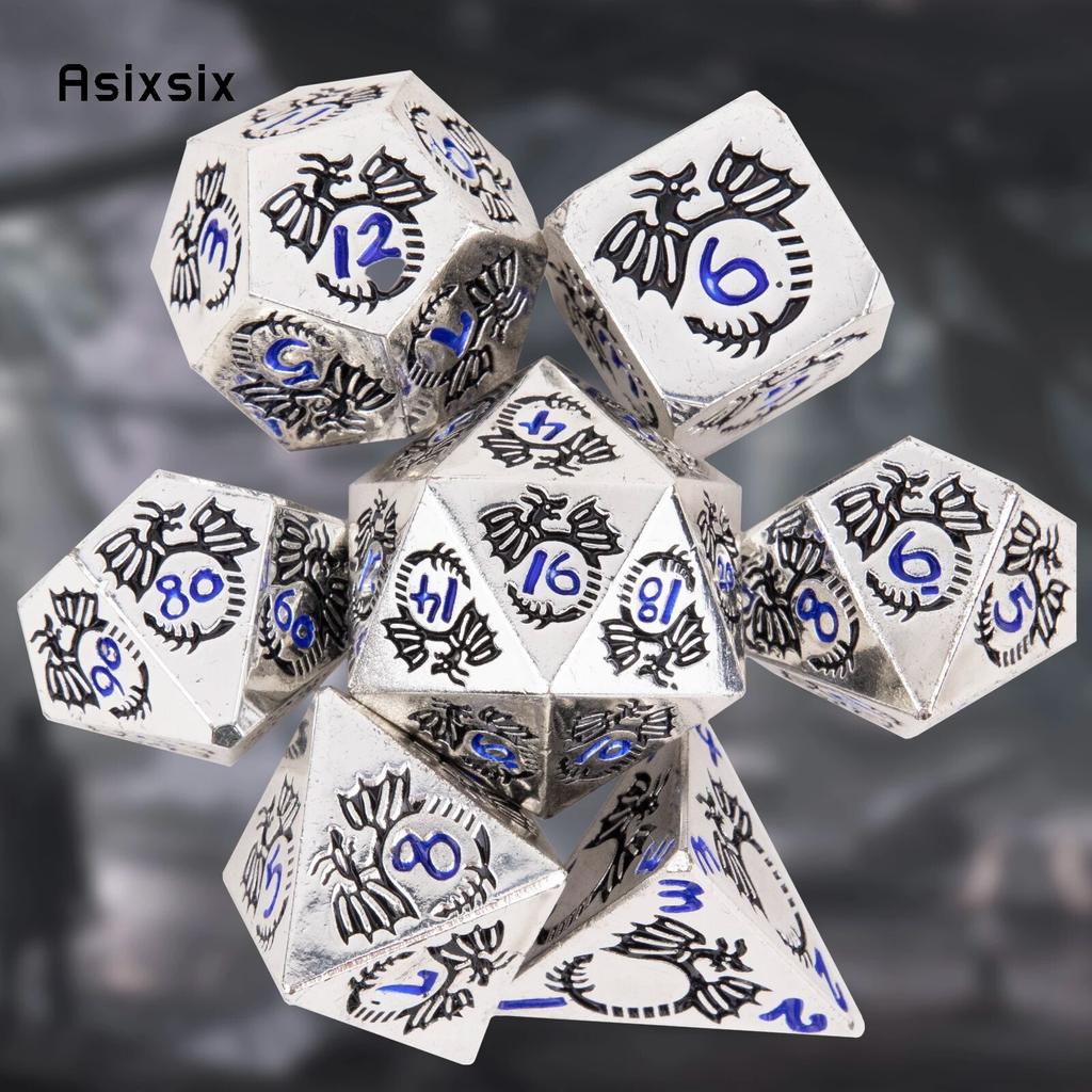 7 Pcs Black White Dragon Metal Dice Solid Metal Polyhedral Dice Set Suitable for Role-Playing RPG Board Game Card Game