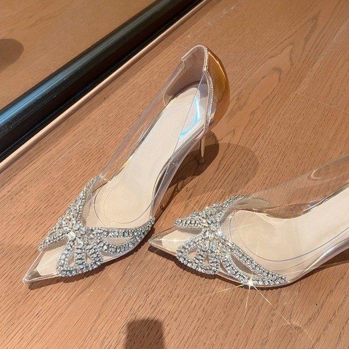High heels spring new rhinestone butterfly pointed tip thin heel transparent crystal shoes French celebrity single shoes silver wedding shoes