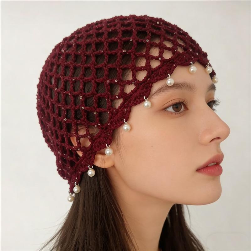 Portable Pearl Fringed Hollowed Out Woven Beanies Retro Pullover Hat for Travel Winter Essentials