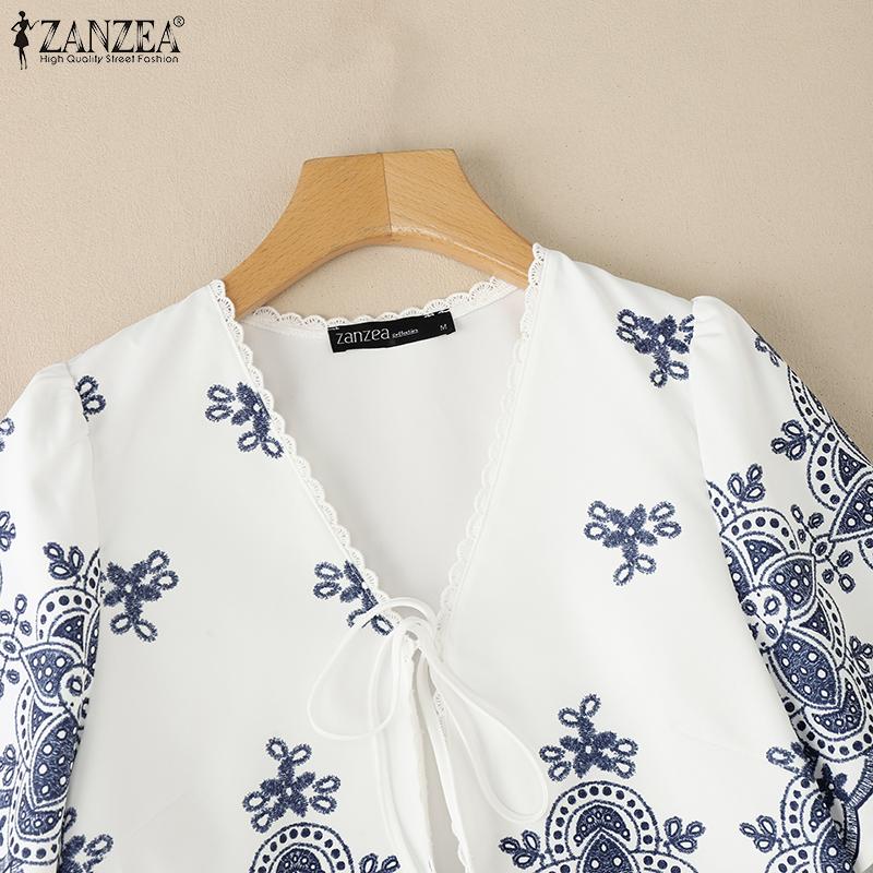 ZANZEA Damen Druck Lässig Sommer V-Ausschnitt Kurzarm Schnürbluse