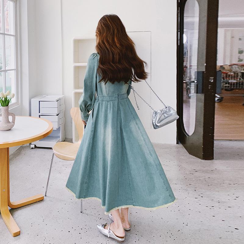 Hepburn-Style Denim Shirt Dress for Women - Spring/Autumn 2024 Retro Waist Design