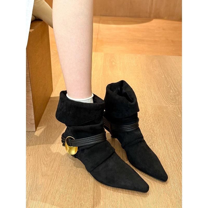 Fashion New European and American Suede Pleated Slip-on Metal Buckle Two-way Fashion Women's Mid-calf Boots