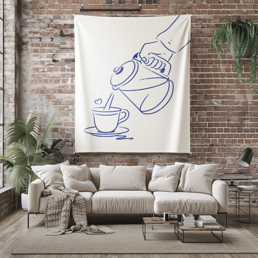 Hand Pouring Coffee From Kettle Into Cup Wall Tapestry Machine Washable All Season Decor Print Minimalist Line Art Design Home