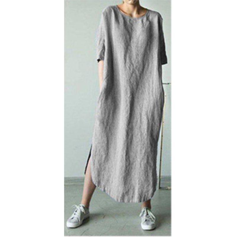 

Solid Color round Neck Mid Sleep Dress Pure Color round Neck Shirt with Half Sleeve Dress Female Gray L