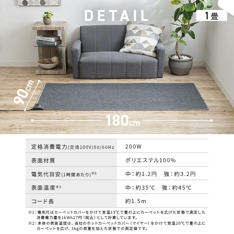 Energy-Saving TEKNOS Electric Carpet, 1 Tatami Mat (90x180cm), with Dust Mite Repellent, Compact Storage, Gray