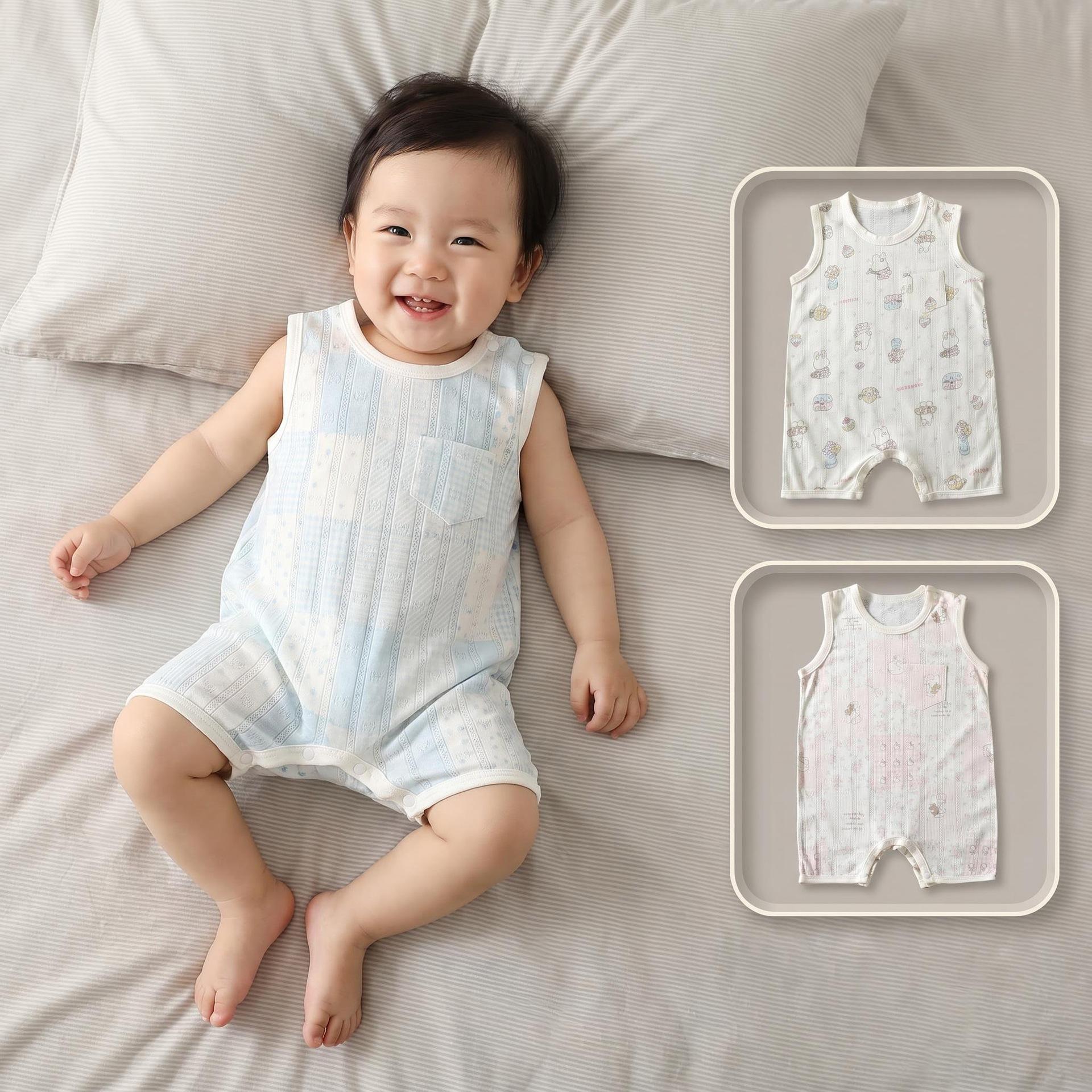 Baby Sleeveless Jacquard Romper - Summer Breathable Cartoon Vest Bodysuit 66cm