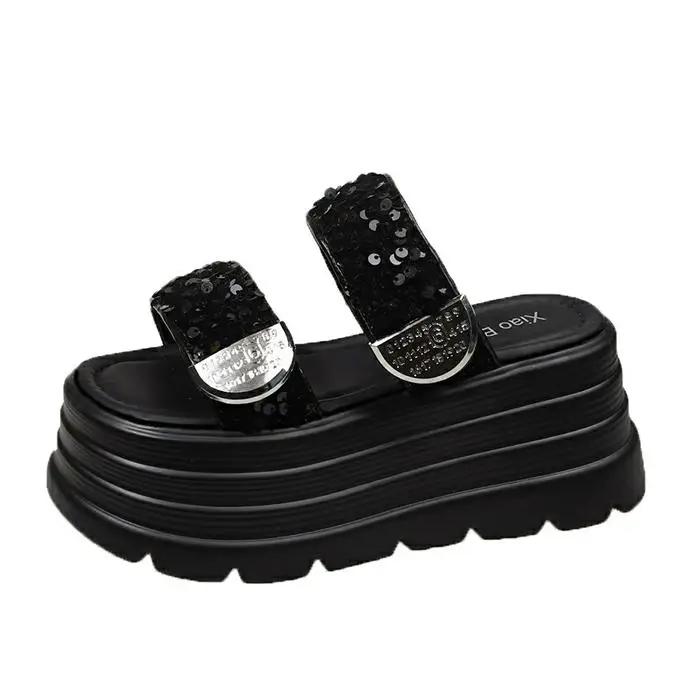 Modne Damskie Klapki na Wysokiej Platformie 8CM Letnie Błyszczące Modne 2025 Nowe Sandały na Podwyższeniu Codzienne Klapki Muffin Obcasy Buty Plażowe