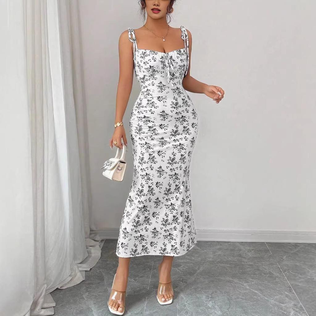 2026 Summer Floral Spaghetti Strap Dress - European & American Style, Slim Fit, Hip-Hugging, Sweet & Elegant Women's Long Dress