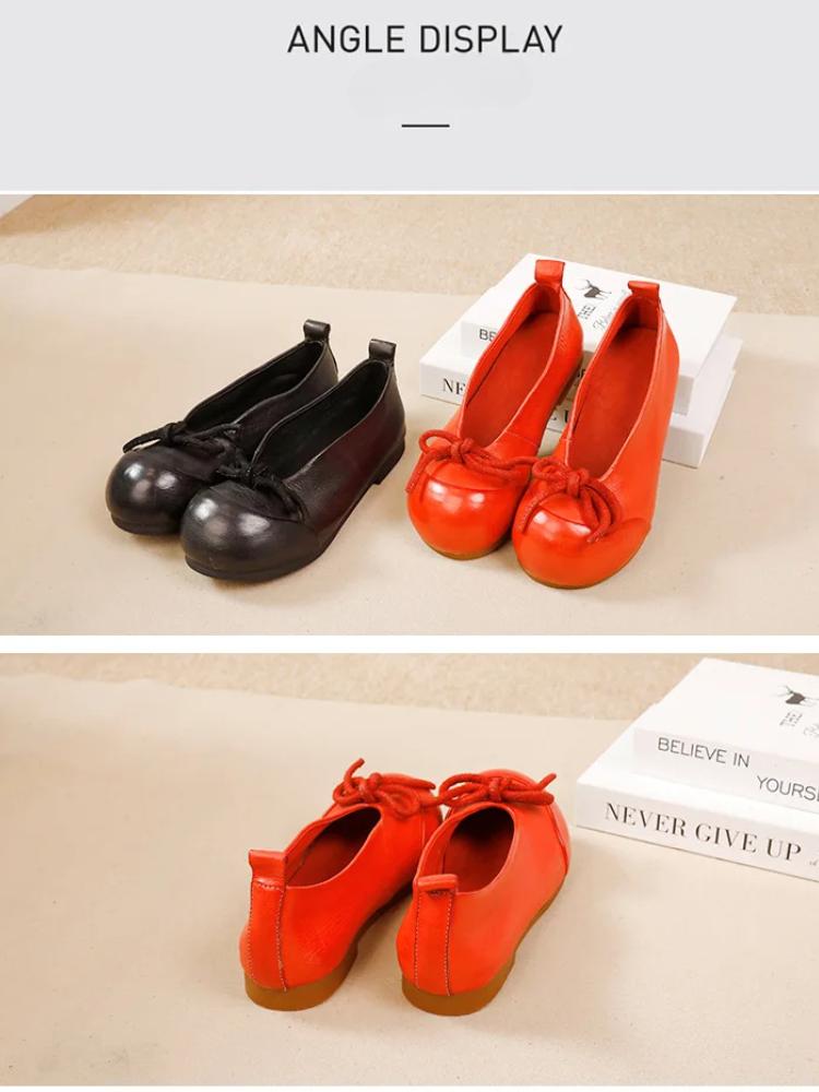 Johnature Women's Shoes Genuine Leather Flat Shoes Soft Soled Butterfly Bow Shallow Slip-on Shoes