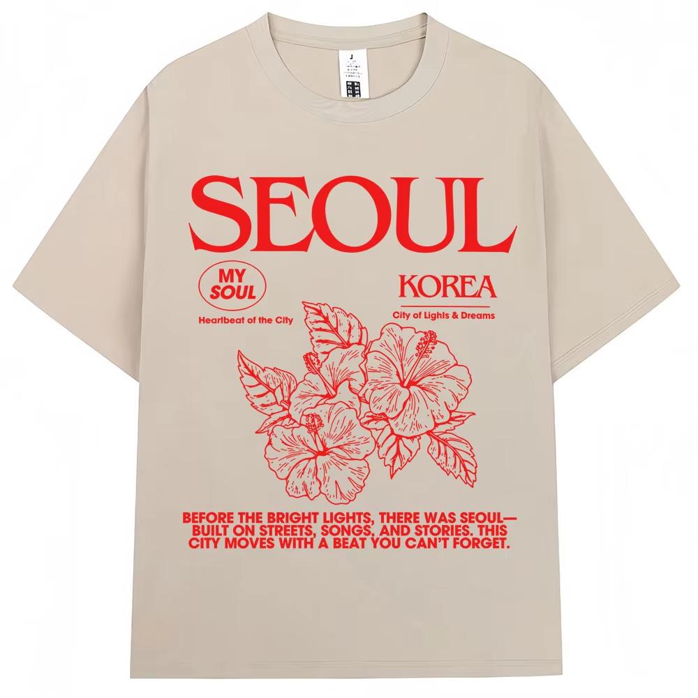 2026 Korean Style Seoul Hibiscus Print Tshirts Men Women Harajuku Fashion Aesthetic T Shirt Cotton Casual Tees Streetwear