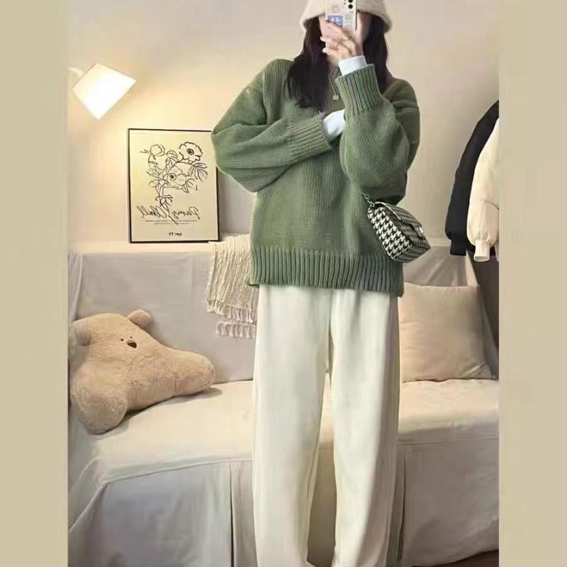 Women's Japanese Retro Green Crew Neck Pullover Sweater Loose Lazy Style Thickened for Autumn and Winter Outer Wear