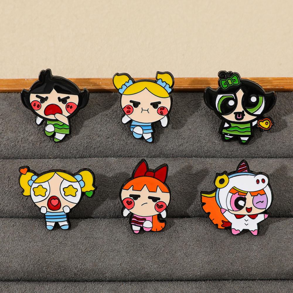 Cartoon Power Girl Brooches Set Cute Anime Enamel Lapel Pins for Backpack Creative Metal Badges Women Accessories Gifts