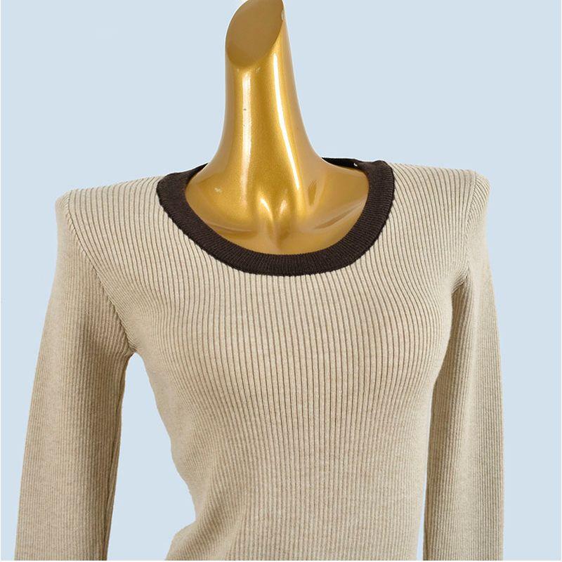 European Goods Shoulder Long sleeve Knit Women Autumn and Winter Fashion round Neck Mouth Contrast Color Slim fit Bottoming Shirt Inner wear Chic Top