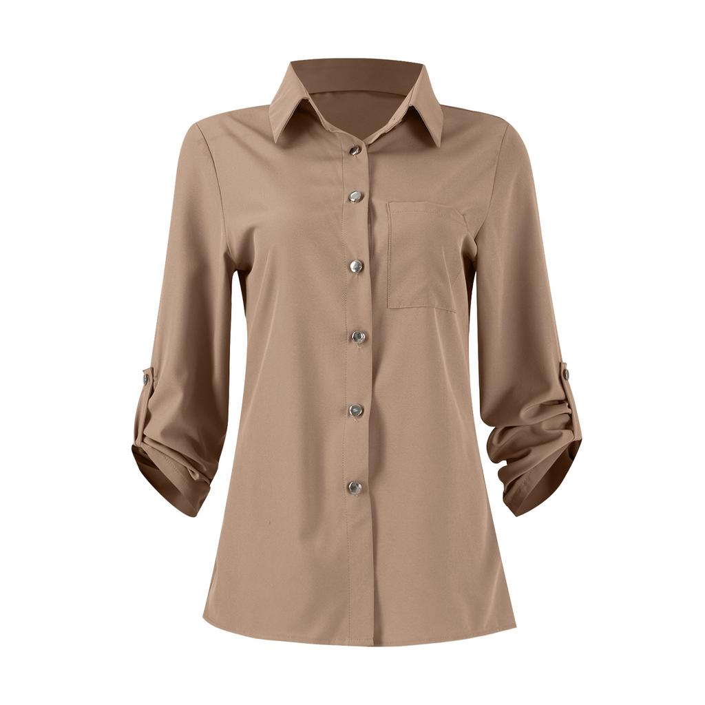 Damen Langarm Button-Down Frühling und Sommer Einfarbiges Langarmhemd