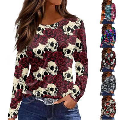 Women's Fashion Print Long Sleeve Top with Round Neck and Side Slits