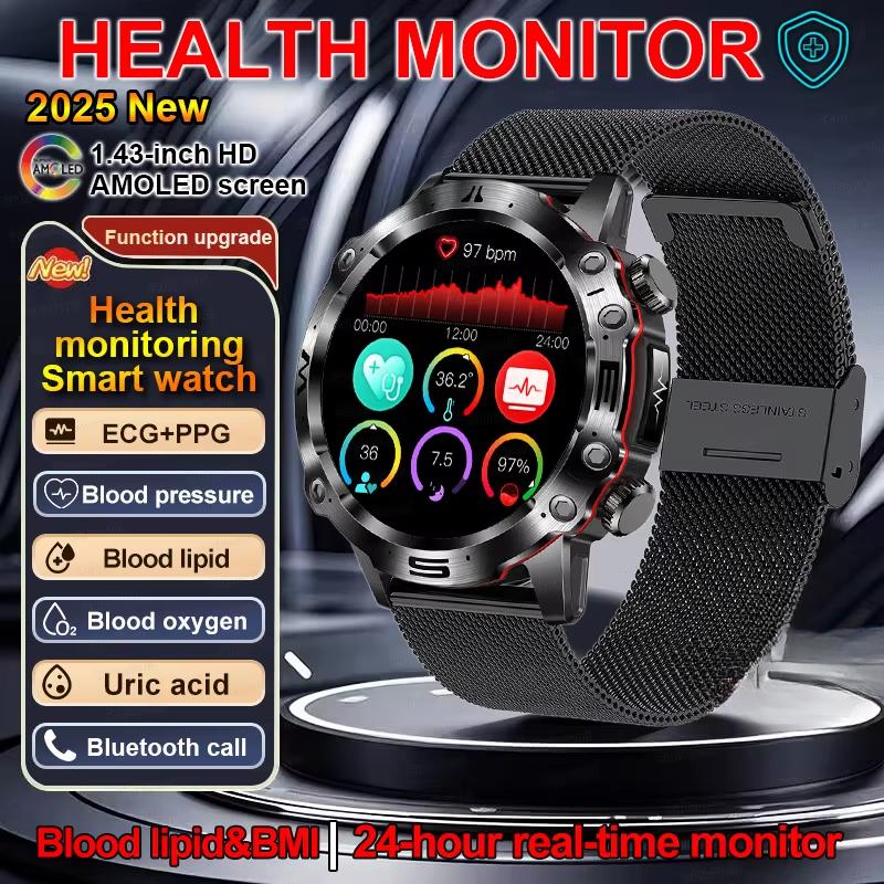 2025 New Smart Watch For Men Health Blood PressureBlood Oxygen Uric Acid Fitness Tracker Watches Bluetooth Call ECG Smartwatch