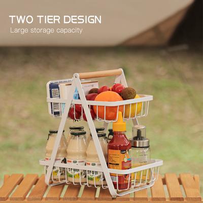 Cesta de frutas de 2 camadas para acampamento, fio de metal, suporte para armazenamento de frutas, legumes, lanches, expositor