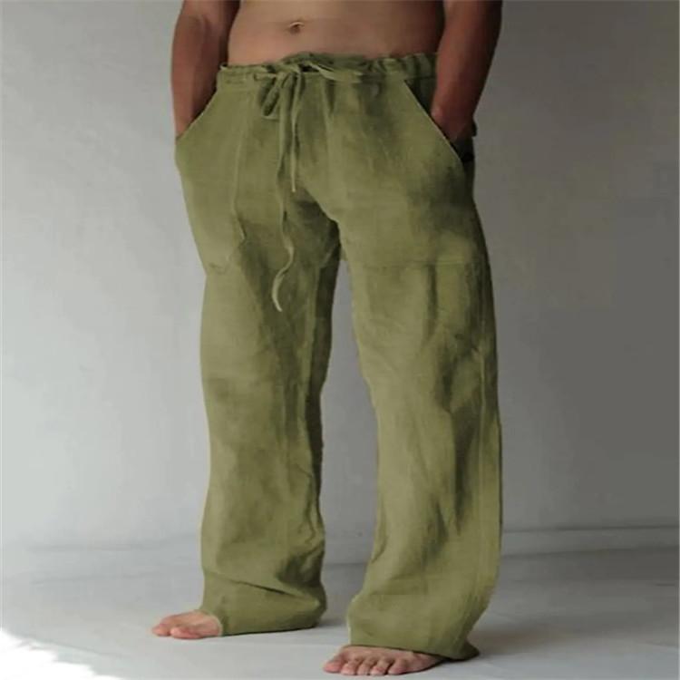 Men's Casual Trousers New Solid Colour Jogging Trousers Cotton Linen Loose Casual Drawstring Multi-pocket Trousers