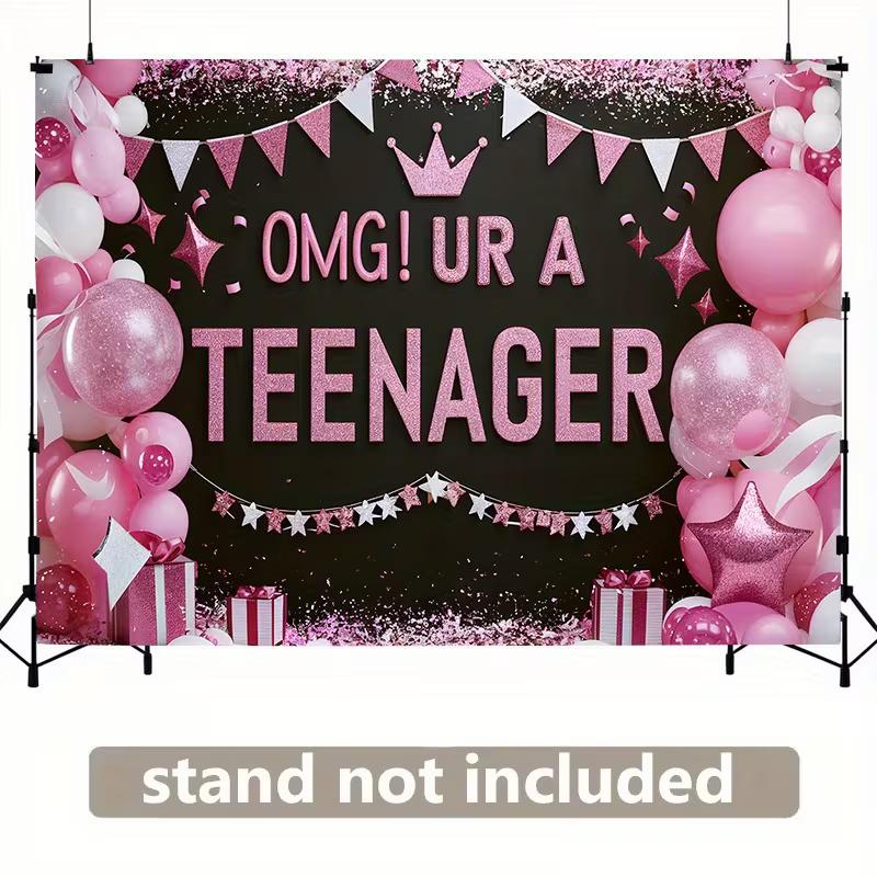 2D Teenager Birthday Backdrop Pink Balloon Crown 13th Birthday Party Photo Booth