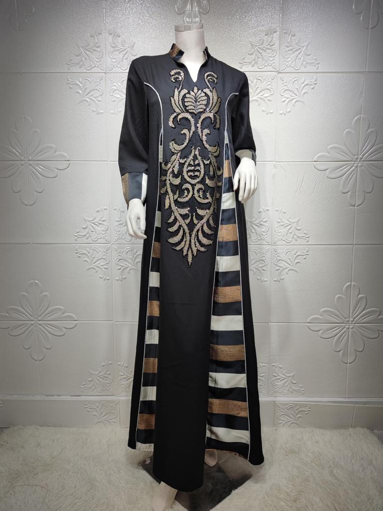 AB052 Women's Embroidered Striped Abaya - Middle East Arabic Muslim Robe