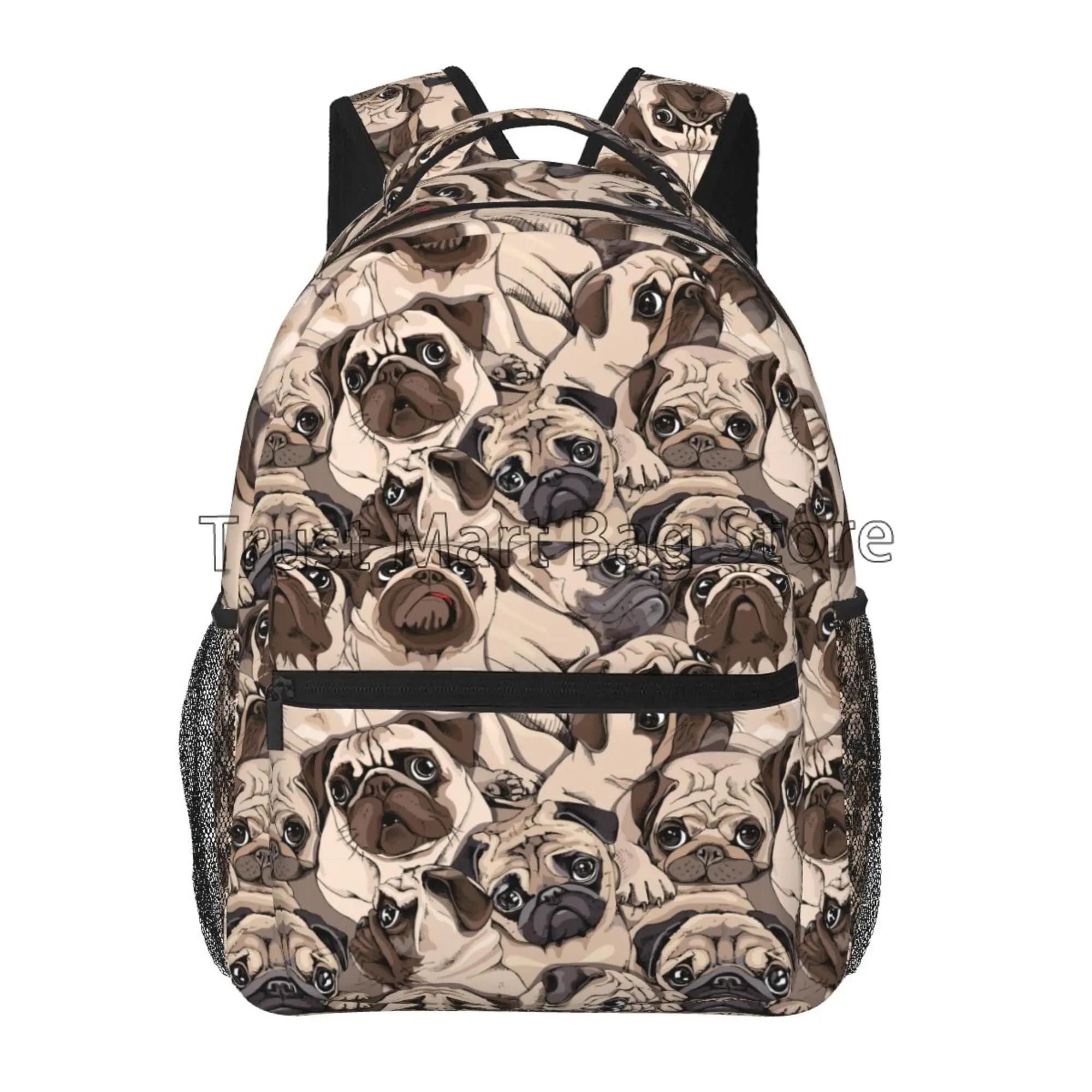 Школьная сумка с рисунком «Щенок Собака Сердце Любовь» для Мальчиков Девочек Детей Милый Мопс Дорожный Рюкзак Прочный Легкий Школьные Рюкзаки для Ноутбука