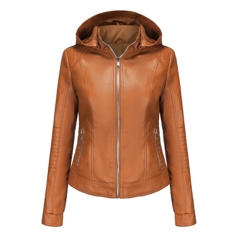 Women's Spring and Autumn Hooded Leather Jacket Women's Removable Hat Windproof Jacket Short Casual Jacket