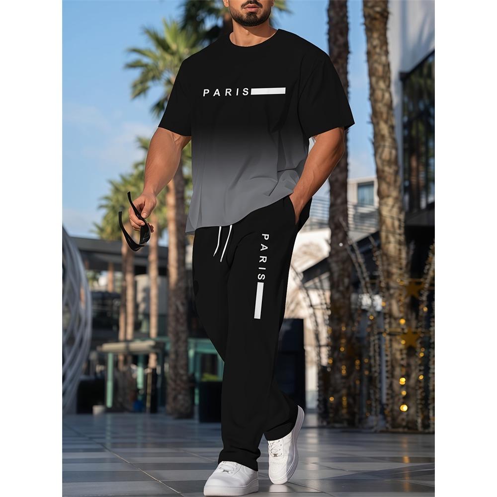 Simple Striped Printed Men's Casual Long Pants Set, Outdoor Street Fashion Trendy Men's Top And Casual Long Pants