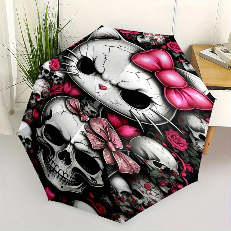 

Skull Kitty,Pink Bow Automatic Folding Umbrella-Simple 8-Rib Design, Bright Cartoon Pattern, Durable Iron Frame, Suitable For Travel, Outdoo