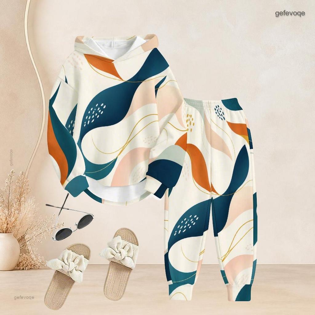 Women Plus Size Abstract Printed Long Sleeve Hooded Top Cuffed Pants Two Piece Set