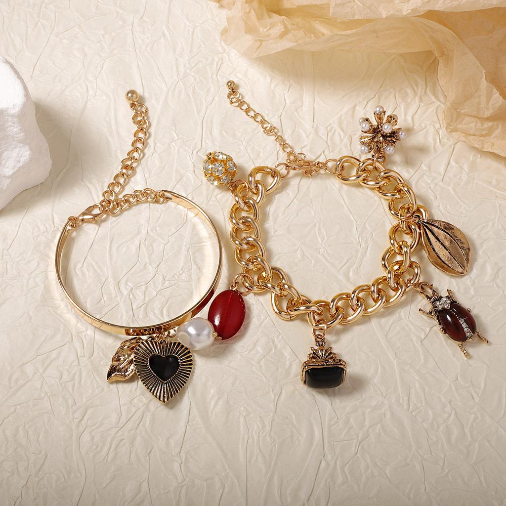 Personalized fashion trend Double layer stacking wearing retro insect love and other pendants Chain bracelet Versatile casual