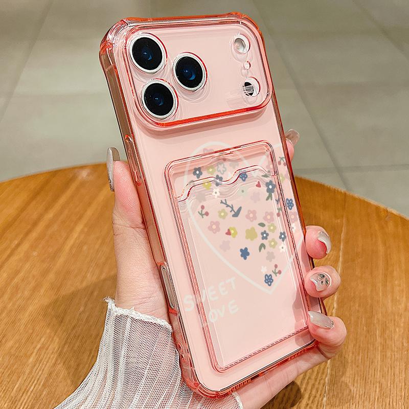 Card Slot Pocket TPU Phone Case For iPhone 17 Pro Air 16e 16 15 14 13 Pro Max 12 11 Colorful Love Heart Pattern Soft Back Cover