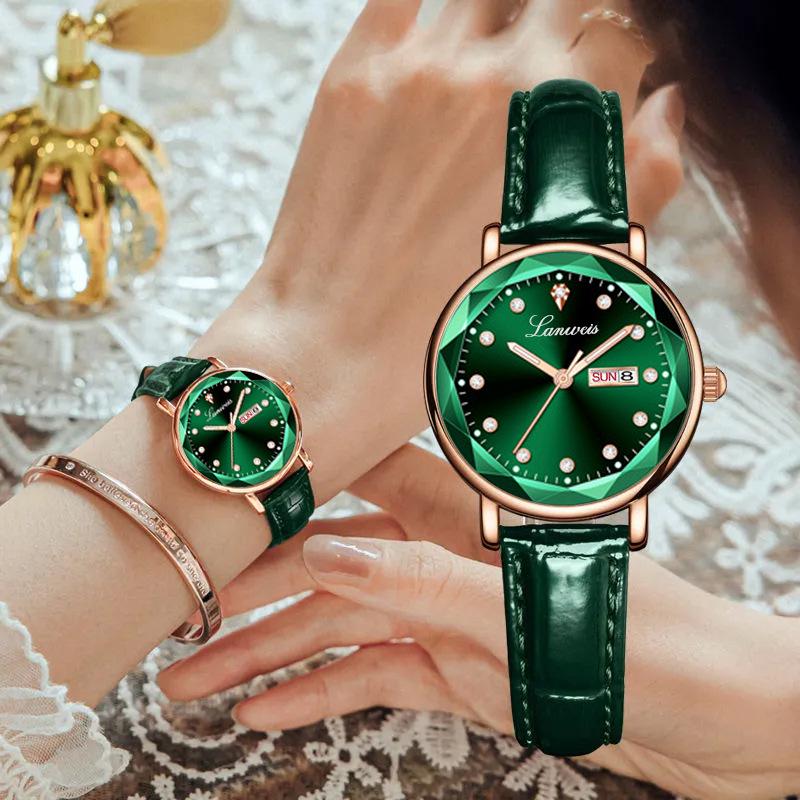 Diamond-Shaped Women's Quartz Watch with Leather Strap, Waterproof, and Suitable for Students and Couples.