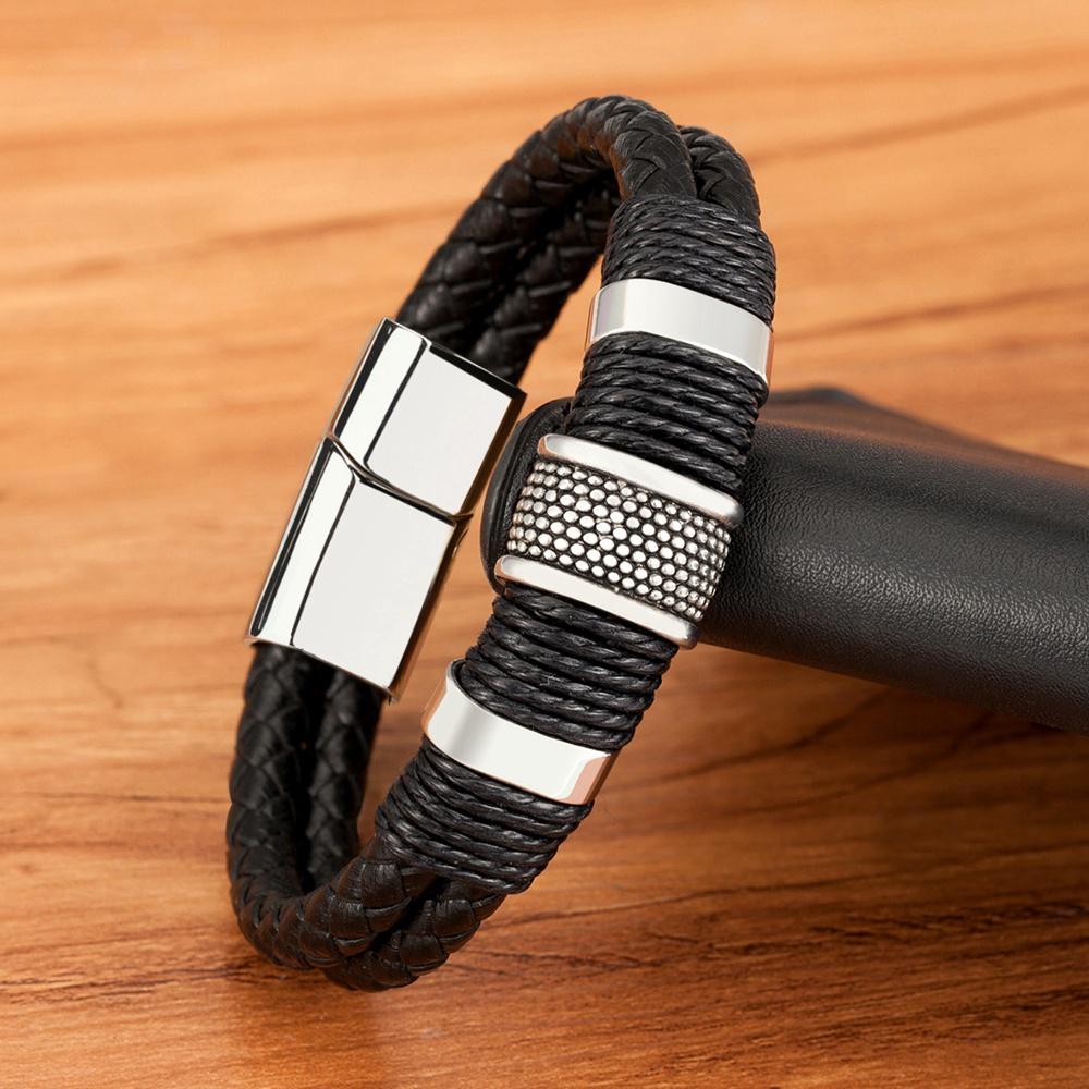 Woven Leather Rope Wrapping Special Style Classic Stainless Steel Men's Leather Bracelet Double layer Design