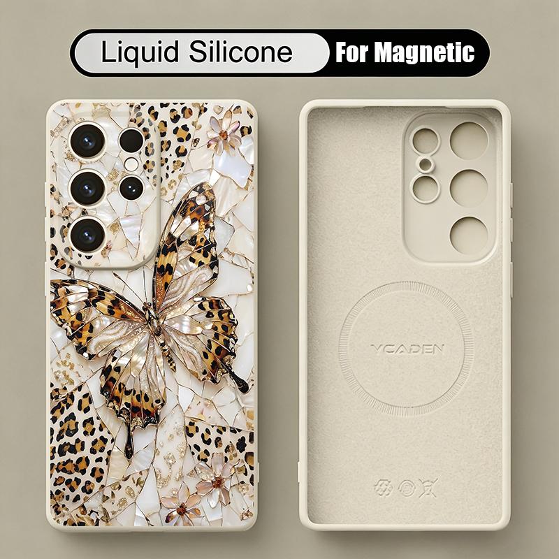 Luxury Butterfly Print Case For Samsung Galaxy S26 S25 Ultra S24 Plus S23 S22 Ultra Magnetic For Magsafe Liquid Silicone Cover