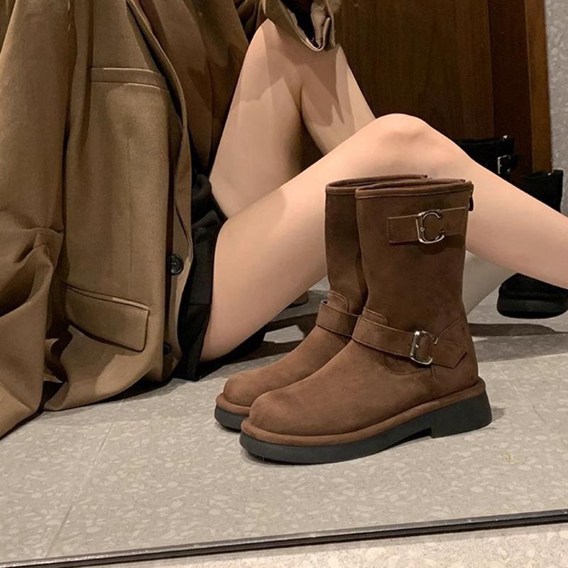 Leather medium boots women's autumn and winter new retro locomotive buckle with round head thick sole heightening western knight Martin boots