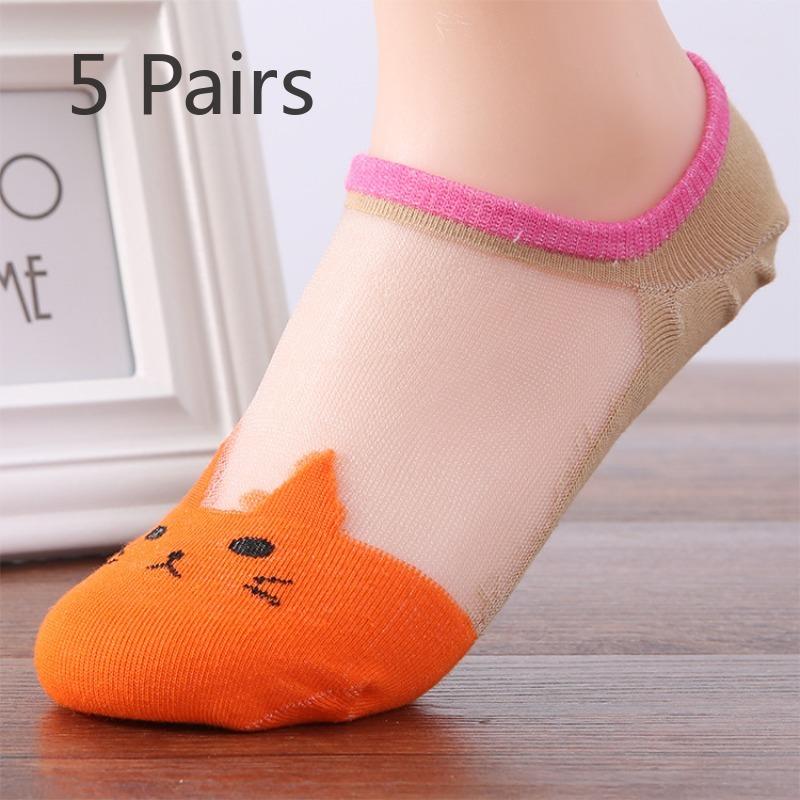 5 Pairs of Ladies Summer Cute Little Cat Transparent Shallow Mouth Ice Silk Lace Invisible Boat Socks