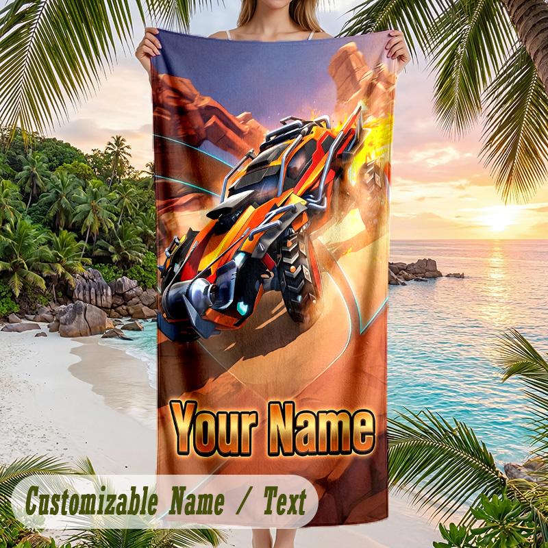 Rocket League Beach Towel, Personalized Custom Text, Quick Dry Soft Large Towel For Swimming Pool Travel