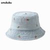 Watermelon embroidered denim bucket hat men's wide eaves sunshade fashionable versatile face small bucket hat girls sunscreen hat